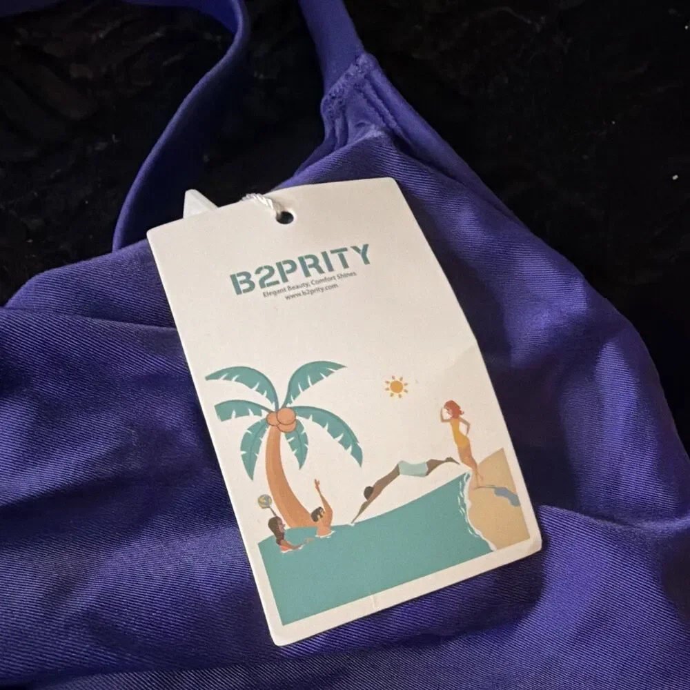 B2PRITY Women's Blue Solid Halter One Piece Swimsuit Adjustable Strap, L